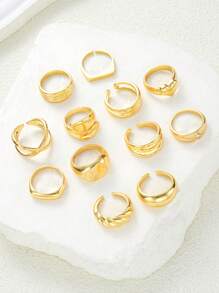 12pcs Chunky Heart Textured Wavy Criss-Cross Minimalist Plain Ring Set With Crystal Rhinestone, Metallic Chunky Oversized Rings Collection, Fashionable Elegant Vintage Design For Holiday Party, Gift, Daily Wear