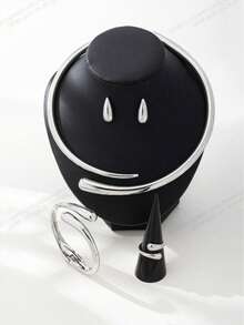 时尚合金水滴元素耳环、戒指、手链、波浪形吊坠项链套装，适合女性日常佩戴、节日、礼物、海滩派对 - 銀色 - 查看 2