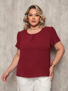 ONLYONE - PLUS SIZE WOMEN'S BLOUSE, SHORT SLEEVE, PRINCESS, PLEATED NECKLINE, LIGHT DUNES - ELEGANT WOMEN'S BLOUSES, LARGE - Redwood - View 1