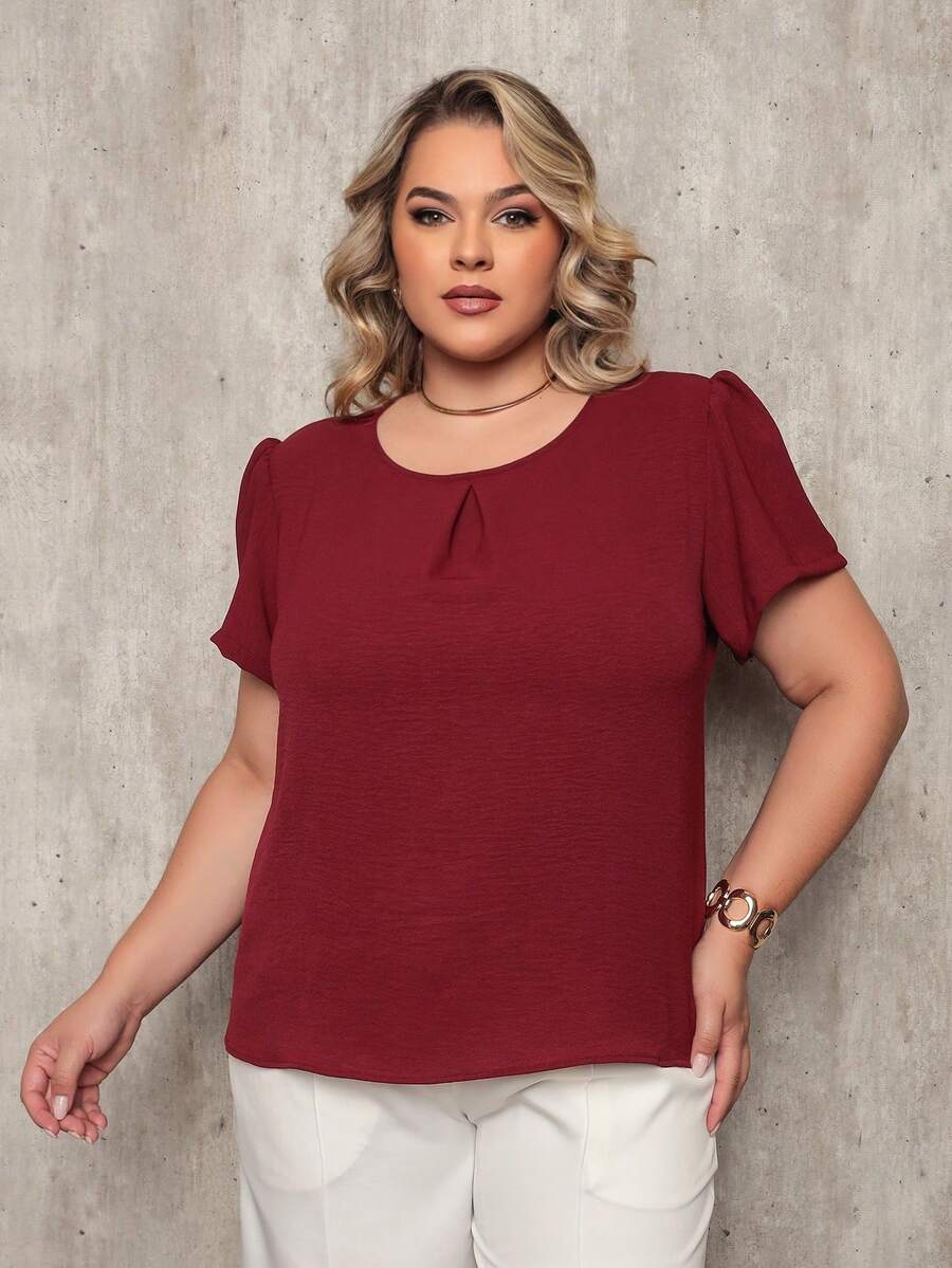 ONLYONE - PLUS SIZE WOMEN'S BLOUSE, SHORT SLEEVE, PRINCESS, PLEATED NECKLINE, LIGHT DUNES - ELEGANT WOMEN'S BLOUSES, LARGE - Redwood - View 1