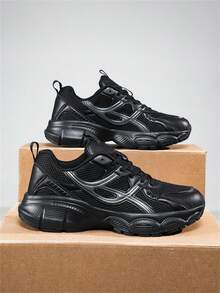 大码男士休闲运动鞋，低帮橡胶底网眼运动鞋，透气厚底运动鞋，街头服饰健身教练 2000 年代风格情人节创意 - 黑色 - 查看 4