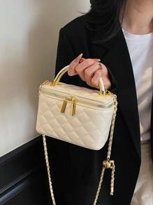 1 pieza Bolso en forma de caja con patrón de rombos de la marca BEIKAMU, monedero para maquillaje, elegante bolso bandolera con cadena para el hombro