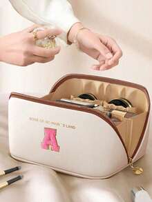 1pc 26 Letter Cosmetic Storage Bag, PU Leather Waterproof Cosmetic Bag, Large Capacity And Spacious Double-Layer Cosmetic Bag, Multi-Function Ladies' Travel Handbag, Cosmetics Sorting Bag - Multicolor - View 6