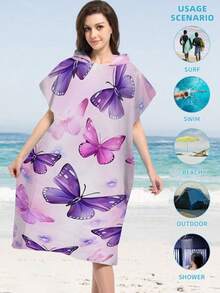 1pc Purple Butterfly Print Hooded Wearable Robe - Ultra-Soft Microfiber Purple Butterfly Pattern, Suitable For Boys, Girls, Couples - Beach And Home Decor, Couples Cloak | Microfiber Bathrobe Back To School - Multicolor - View 5