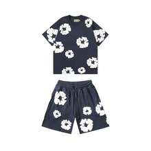 New Men's Women's Same Casual Loose Kapok Foam Printing Short-Sleeved T-Shirt With Shorts Set  Floral  All Over Print  Casual   Vestidos De Verano - 藏青套裝 - 查看 1