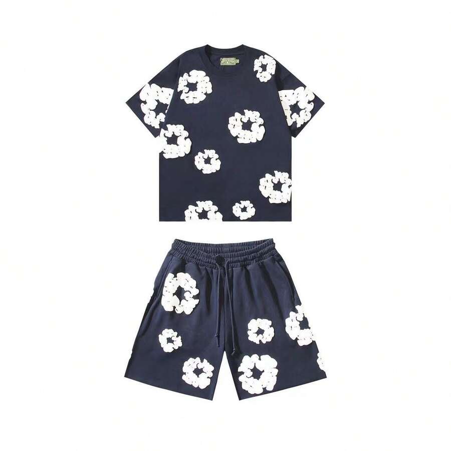 New Men's Women's Same Casual Loose Kapok Foam Printing Short-Sleeved T-Shirt With Shorts Set Floral All Over Print Casual Vestidos De Verano - 藏青套裝 - 查看 1