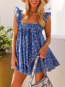 Vestido corto de verano para mujer de línea A con cuello cuadrado, volantes y vuelo sin mangas - Azul - Ver 1