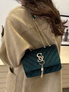 2024 New Arrival Fashion Korean Style Personalized Embossed Rhinestone Letter Casual Shoulder Bag, Simplistic Messenger Bag, Crossbody Bag - Dark Green - View 6