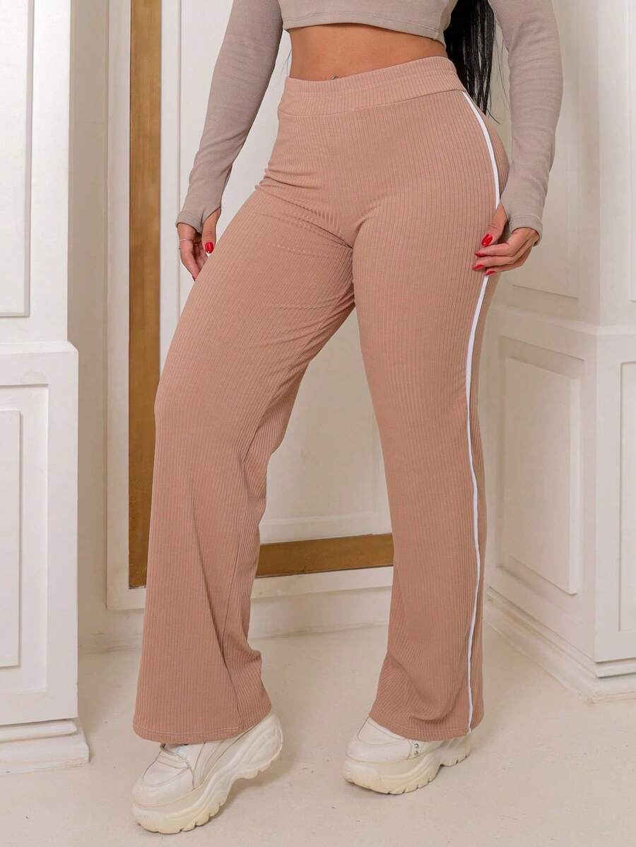 Women's Ribbed Pants With Side Detail White Cotton And Elastane Comfortable Casual Women's Fashion - 卡其色 - 查看 1