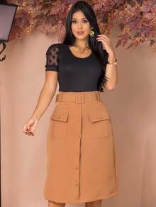 Women's Elegant Tailored Midi Skirt With Belt And Pocket Evangelical Fashion - 卡其色 - 查看 5