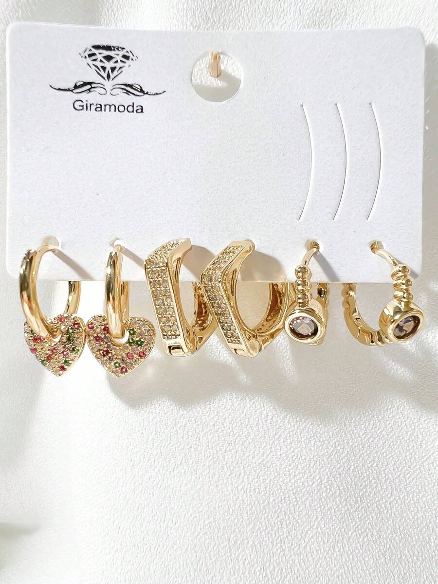 Kit Of 3 Earrings Studded With Zirconia Stone, Small Hoop, Heart Pendant, 18k Gold Plated And 925 Silver - 44 - 查看 1