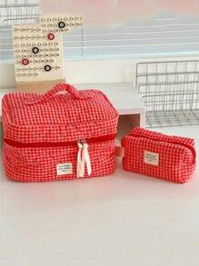 1 pieza Bolsa de maquillaje de estilo reticulado, juego de bolsos de estilo coreano acolchado en color rosa rojo, estilo Ins, elementos esenciales de vacaciones para niñas, bolsa con cremallera de gran capacidad, cartera, bolsa para tampones, bolsa de belleza con estampado de mariposa, accesorios esenciales de primavera para damas, bolsa de almacenamiento de uso diario para viajes, regalo para boda, dama de honor, Navidad, Día de la Madre, Día de la Enfermera, Día del Maestro