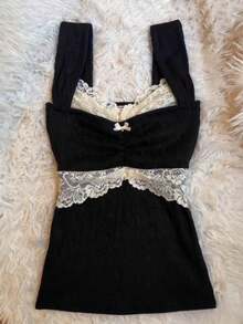 Women Y2k Summer Tank Tops Lace Trim Square Neck Sleeveless Vest Tops Vintage Slim Fit Shirts Fairy Grunge Aesthetic Knit Ribbed Coquette Clothes Harajuku Streetwear Emo Girls Camisole Tops 90s - 黑色 - 查看 2