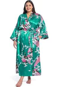 Women's Floral Long Satin Robes Plus Size Long Silk Robes Peacock Floral Kimonos Sleepwear Dressing Gown - 綠色 - 查看 4