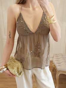 Women Halter Top, Tie-Up Sleeveless Tops Backless Shiny Beaded Summer Vest For Club Party - nâu nhạt - Xem 2