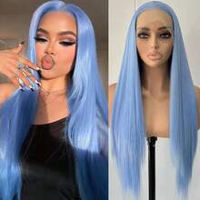 Peluca con frente de encaje sintético largo y liso de 13*4 pulgadas de color azul claro, peluca sin pegamento lista para usar, pelucas de encaje de cabello azul claro para mujeres para fiestas y cosplay - Multicolor - Ver 3