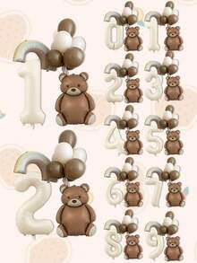 10pcs Cream Number Bear Rainbow Foil Balloons Happy Birthday Party Decorations Anniversary 1 2 3 4 5 6 7 8 9 Year Old Party Supplies