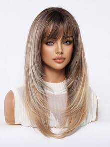 Elegant Blonde Wig High-Density 150% Elegant Ombre Blonde Wig With Bangs Straight Layered Synthetic Hair, Matte Finish, Perfect For Casual Attire, Rose Net Cap, Versatile Styling For Women Of All Ethnicities, Casual Hairpiece - Brown Ombre - View 5