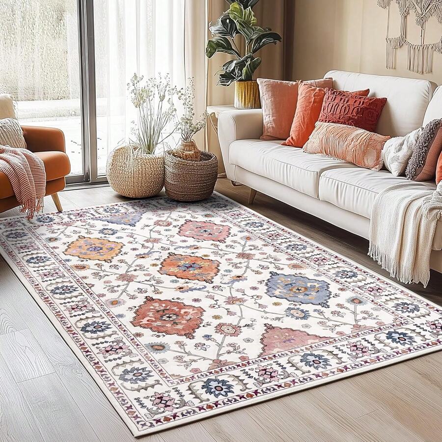 Alfombra de pelo corto, 140*200 cm, vintage, flores, lavable, alfombra antideslizante, estilo rústico, para dormitorio, cocina, comedor al aire libre, alfombra muy suave