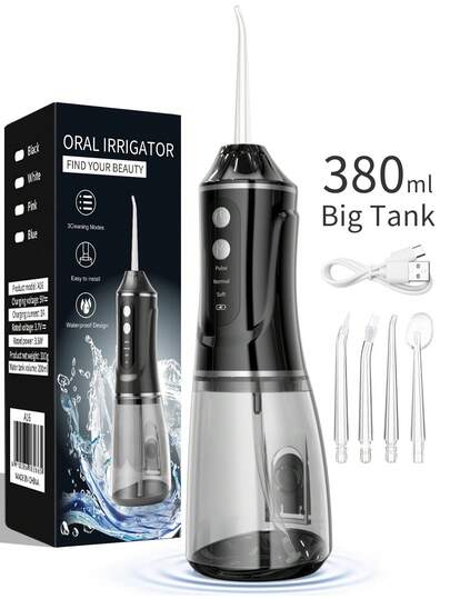 Rechargeable Water Dental Flosser Oral Irrigator With 3 Modes Cordless Water Teeth Cleaner Pick 4 Tips, 380mL Big Water Tank IPX7 Waterproof Rechargeable Portable Powerful Battery Power Dental Flossers For Home Oral Care Multi-Color Festivals Gift Options