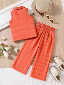 2 Stücke Kleinkind Mädchen Set - ärmelloses rosa gestreiftes Shirt mit Blickstickerei, kombiniert mit passender hochtailliger, weiter Hose. Dieses Set verlängert optisch die Proportionen für einen bequemen, aber eleganten Look. Geeignet für den täglichen Weg, Urlaub, Einkaufen und gesellige Anlässe, mit einem sanften und raffinierten Charme. - Orange - Übersicht 2