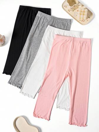 4 件/包夏季女童/儿童/婴儿荷叶边纯色及膝打底裤，白色/灰色/黑色/粉色，轻便休闲七分裤，适合春季/所有季节，舒适下装，适合日常穿着、裙子和 T 恤