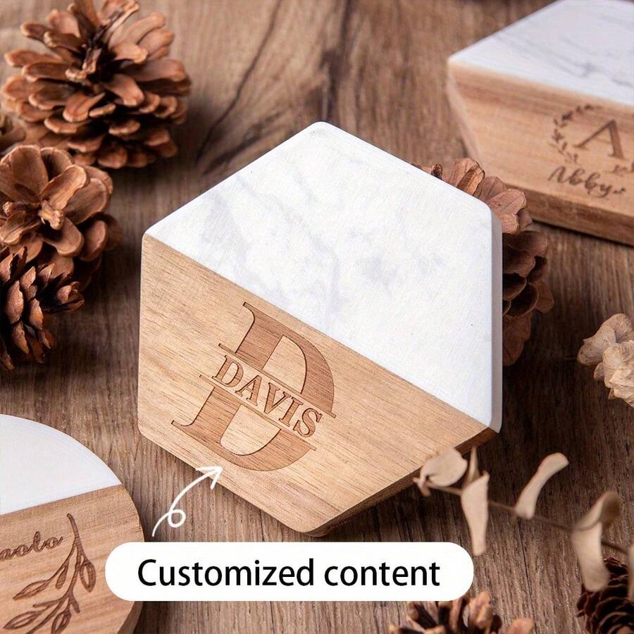 4 Stücke personalisierte eingravierte Marmor-Muster Holz Untersetzer, personalisierte Geschenke, Tischdekoration, Wohnaccessoires, geeignet für alle Jahreszeiten