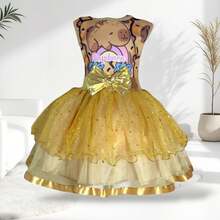 vestido para niña con diseño animado con capa y diadema en color dorado para que las pequeñas luzcan dulces y comodas en cualquier ocasión - Dorado - Ver 2