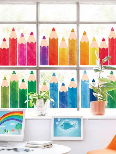 27pcs Watercolor Pencil Window Clings Double-Sided Window Stickers Colorful Pencils Window Decals For First Day Of School Back To The School Classroom Wall Glass Blackboard Decorations,Classroom Decor,9 Sheets
