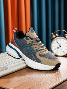 Plus Size Men's Casual Sneakers, Low-Top Rubber Sole Mesh Shoes, Fashion Street Style Breathable Training Shoes 2000s Style Valentine's Day Ideas - Khaki - View 6