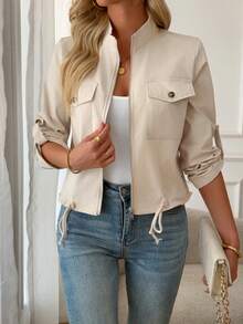 女士轻便立领飞行员夹克 - 时尚拉链飞行夹克，配有装饰性前袋和可调节抽绳下摆，是春秋季理想的休闲街头风外套。 - 杏色 - 查看 6