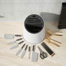 1pc Multifunctional 360° Rotating Kitchen Utensil Holder, Large Capacity, Simple Design (Excluding Knives, Spoons And Chopsticks), Multiple Colors Available, Cylindrical Shape With Vertical Lines, Can Store Knives, Spoons And Chopsticks, Plastic Material, Suitable For Everyday Kitchen Use