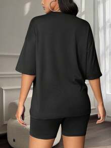 Women's Casual Simple Short-Sleeved Shorts Pajama Set - Black - View 2