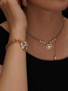 1 Set Romantic Heart Shaped Pendant & Beaded Stainless Steel Jewelry Set, Suitable For Women's Fashion Wear Or Gifting Loved Ones For Holidays