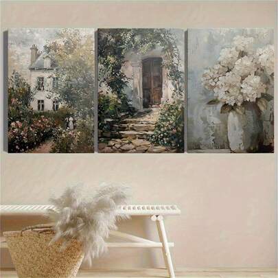 Set Of 3 Vintage Cottage Rose Garden Hydrangeas Oil Painting Print, Rustic Flower Wall Art, Botanical Canvas Poster, Neutral Spring Wall Decor, Ideal Gift For Living Room, Bedroom, Office, Dorm, Cafe, Bar, Hallway, Home And Room Decoration, Unframed