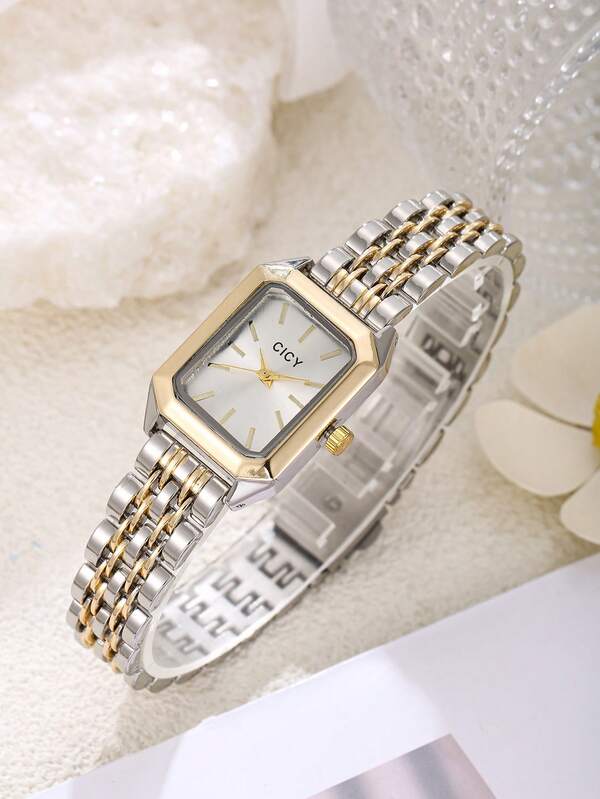 ساعة كوارتز بحزام من الفولاذ المطلي بالذهب والمزينة بدبابيس، ذات تصميم بسيط مربع للنساء، هدية مناسبة للمناسبات والأعياد