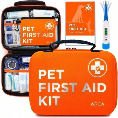 Cat & Dog First Aid Kit For Car  Emergency Kit For Home Office Travel – Dog Camping Essentials With Digital Thermometer, Muzzle & Mini First Aid Pouch
