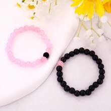 2pcs/Set 8mm Pink, Light Purple, Black & White Handmade Beaded Elastic Couple Bracelets, Gift Card Included For Valentine's Day - Bracelet - View 10