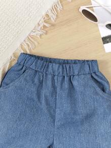 3件套女婴休闲时尚白色双层荷叶袖连衣裙，白色蕾丝边蝴蝶结装饰口袋裤，蓝色长裤套装配斜挎包，公主写真服装，2025秋冬新款 - 白色 - 查看 4