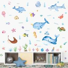 2/5pcs/Set Magical Underwater World Wall Stickers, PVC Removable Marine Animals Decals For Kids Room, Nursery, Decoration, Self-Adhesive Waterproof Wallpaper, Suitable For Summer Holiday, Birthday Party, Early Education, Home Decor