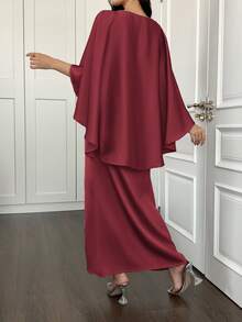 新年除夕斗篷式披肩优雅连衣裙 - 酒紅色 - 查看 2