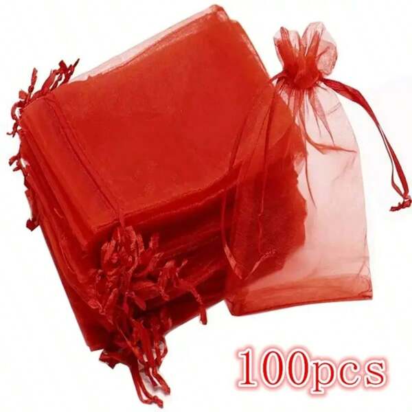 10pcs/100pcs Red Organza Drawstring Pouches 2.75"X3.54", Jewelry Gift Bags For Wedding, Birthday Party, Decorative Fabric Pouches, Makeup Bags, Party Supplies