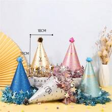 Plush Ball Pompom Star Trim Birthday Hat, Cake Party Decor Matte Pearl Cone Tip Cap For Adults