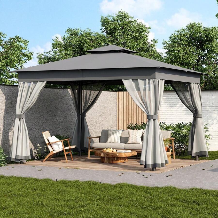 MERAX 10x12 Outdoor Gazebo Tent With Double Roofs, Patio Gazebo With Mosquito Netting, Patio Canopy For Backyard, Garden, Lawn And Deck (Grey)
