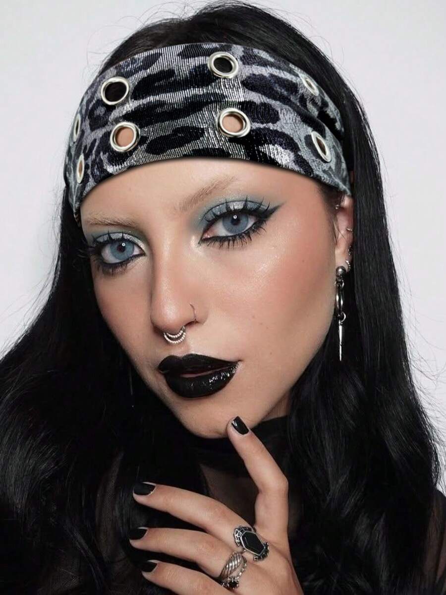 Women Bandana 1pc Fashionable Punk Headband, Gothic Leopard Print Pattern, Soft Non-Slip Stretchy Hollow Design Beach/Holiday Headband, Elastic Yoga Sports Headband, Versatile For Everyday Wear Fashion Hair Accessories Classic Hair Bands, Hairband Fall Winter For Vacation Outfits Woman Elegant Scarf - 銀色豹紋 - 查看 1