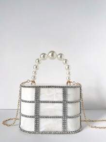 1pc Hollow-Out Rhinestone Decor Party Gala Metal Chain & Pearl Handbag For Women, Detachable