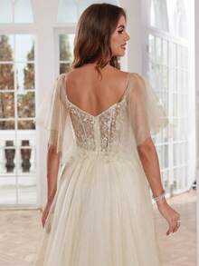 Suknie ślubne z koronki w kolorze kości słoniowej, długie, z ręcznie zdobionymi koralikami, krótkie rękawy, suknia ślubna z tiulu, linia A, dekolt w serek, zamek błyskawiczny z tyłu