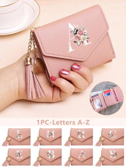 A-Z Floral Pattern Folding Short Wallet, PU Leather Wallet, Multifunctional Coin Purse, Fashion Women's Card Holder, Mini Tassel Wallet, Waterproof Portable Women's Wallet, Mini Wallet, Small Wallet, Cute Wallet