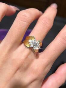 1pc Fantasy Flowers Shape 18k Gold Plated Engagement Rings For Women Luxury Hallow Cubic Zirconia Wedding Ring For Daily Decoration, Banquet, Prom, Party Jewelry Gift