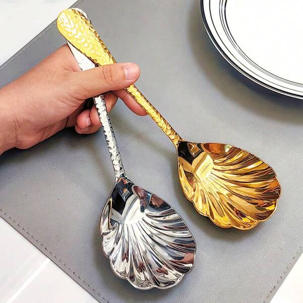 18/10 Stainless Steel Hammered Shell Texture Serving Spoon, Lightweight Luxury Soup Ladle For Restaurant, Hotel, Home Use,School Supplies